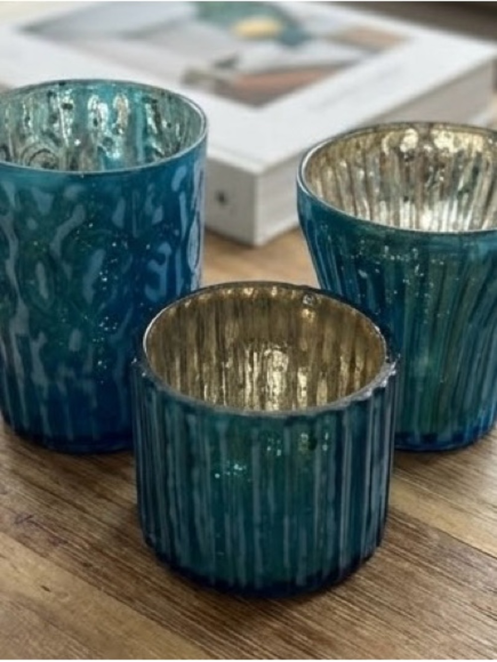 Roost Teal Mercury Glass Votive Holders Set of 3 Ribbed & Textured Candle Cups